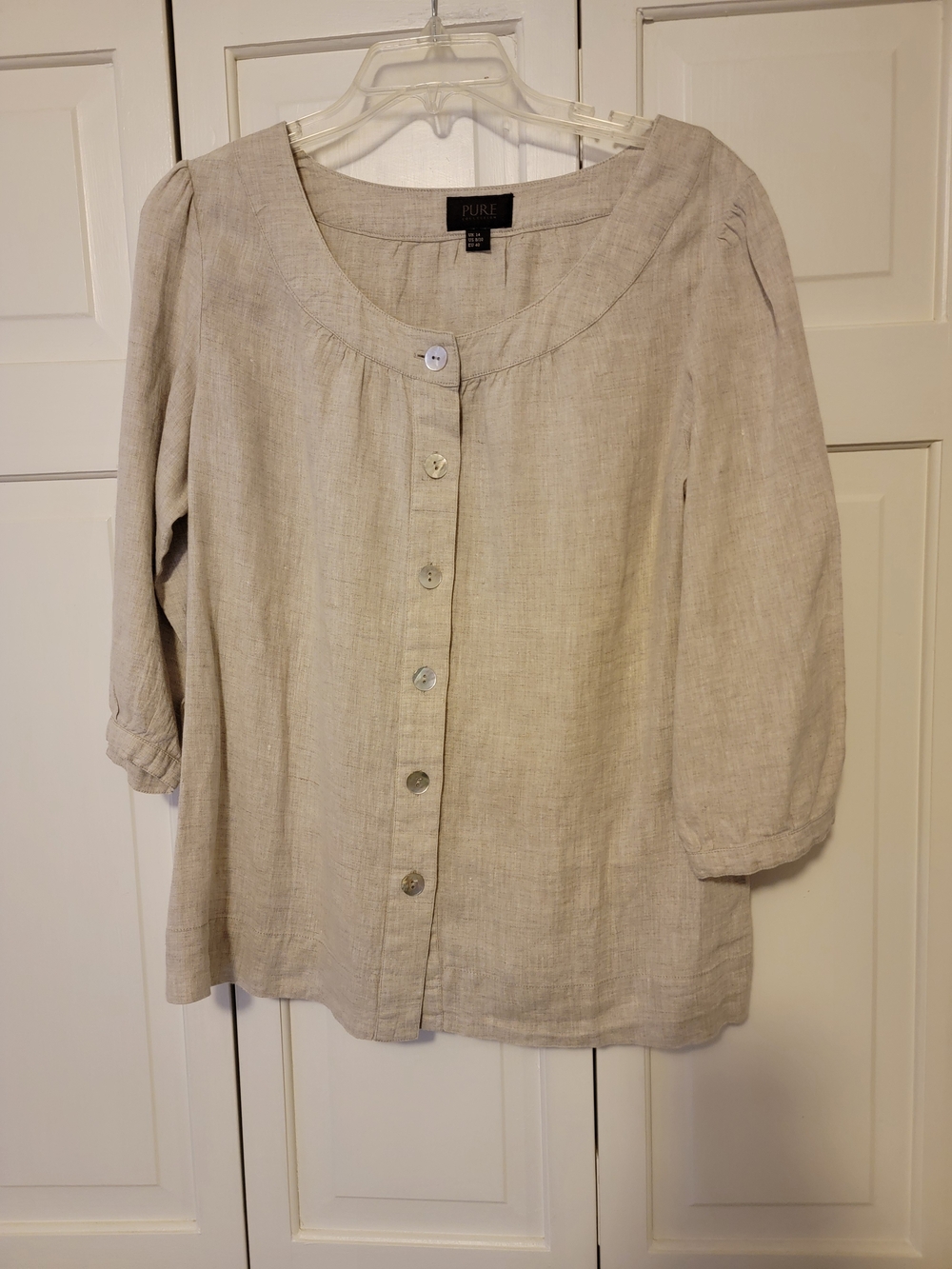 Pure Collection Natural 100% Linen Button-Front Scoop Neck Blouse Size 8/10 EUC